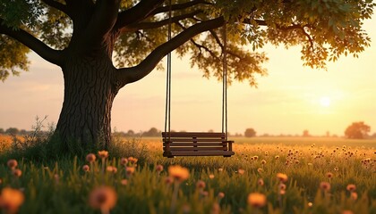 Romantic couple's swing hanging from a tree, set against a golden sunset and blooming flowers in a field