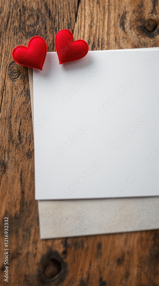 Poster a blank white note card pinned to a rustic wooden surface with two small, red heart-shaped clips. th