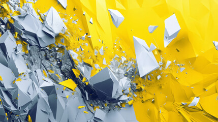exploding polygonal structure of grey and yellow shattering crystals in abstract 3d fragmentation depicting geometric crystal explosion and colliding polygons with shattered crystal art