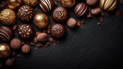 Gourmet chocolates, dark stone, cocoa, dessert, luxury, background, food photography, recipe, confectionery,  website banner