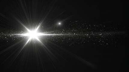A bright light source emits rays and particles against a dark background, creating a cosmic effect.