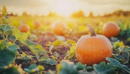Obraz premium Vibrant Orange Pumpkin Surrounded by Green Leaves and Soil on a Beautiful Autumn Evening with Soft Sunlight in a Farm Field Setting