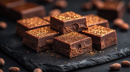 Gourmet gold-dusted chocolates on slate, cocoa beans