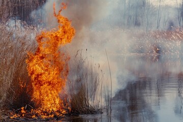 A lake with a fire burning in the middle, perfect for dramatic or mystical scenes