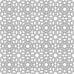 Symmetrical black line art creates a seamless geometric pattern on a white background. Ideal for coloring books, artistic designs, or backgrounds.