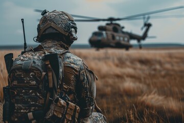 Soldier in military uniform posed with helicopter in the background during a mission
