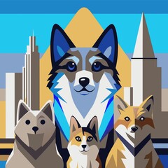 Fototapeta premium Artistic representation of four dogs in a vibrant city backdrop featuring iconic skyscrapers and mountains