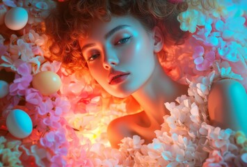 Easter beauty portrait. Artistic portrait of a woman surrounded by pastel flowers and Easter eggs under vibrant neon lighting.