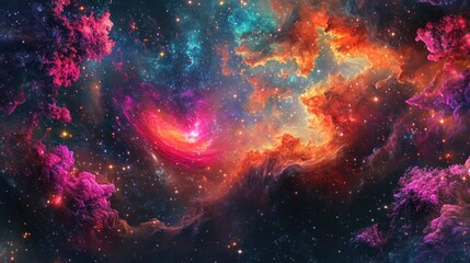 A vibrant cosmic scene showcasing colorful nebulae and stars in a vast universe.