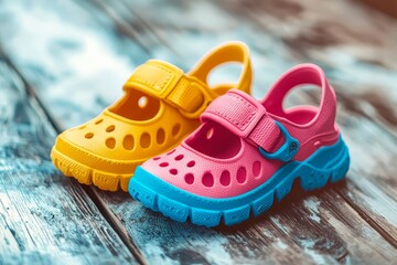 Colorful toddler shoes on wooden background.