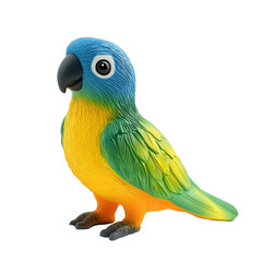 Fototapeta premium Colorful toy parrot on a plain background offers playful decoration
