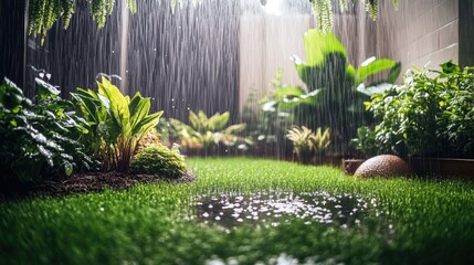 Obraz premium Rain showering lush garden, plants thriving, tranquil backyard scene, ideal for home decor