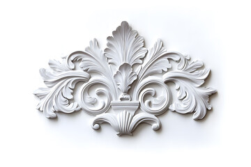 3D illustration of white decorative with stucco relief beautiful detailed ornament with acanthus leaves decoration in baroque style isolated on white background