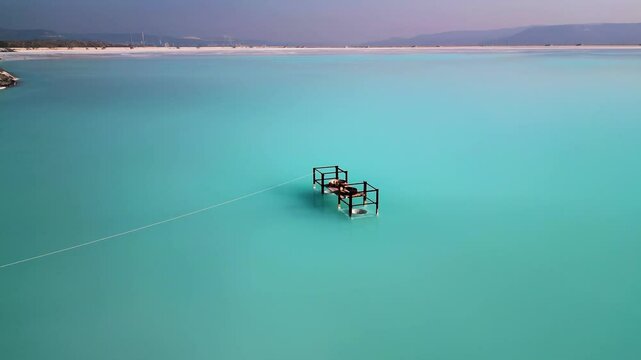 A turquoise tailings pond near a cement factory, surrounded by rugged hills. The vivid water contrasts with the barren land, creating a striking yet industrial scene of environmental impact