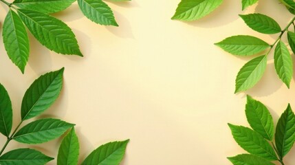 Vibrant Green Leaves Arranged on a Soft Yellow Background, Creating a Natural and Serene Border for Your Text or Design