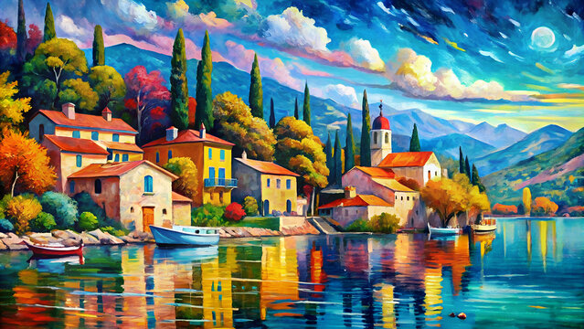 Vibrant lakeside village reflecting colors of post-impressionism at sunset with boats anchored by the shore