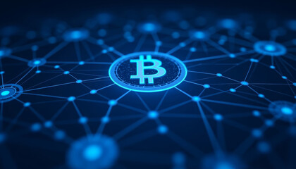Blockchain technology. Nodes blockchain network on dark blue background with world map and blockchain peer to peer network. Decentralized systems, importance in modern digital economy. Cryptocurrency
