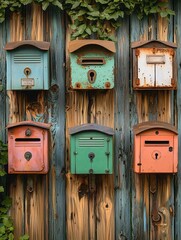 A rustic wall features six colorful mailboxes, each with a unique patina and design, surrounded by lush green foliage.