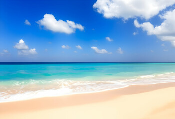 Obraz premium Tropical paradise, pristine white sandy beach, crystal clear turquoise ocean, gentle waves, clear blue sky, fluffy white clouds, sunny day, tranquil seascape, serene coastline, idyllic vacation spot, 