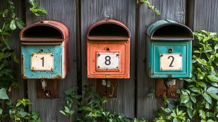 Three colorful mailboxes with numbers 1, 8, and 2, surrounded by green ivy on a wooden wall.