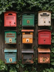 A colorful arrangement of vintage mailboxes against a wooden backdrop, surrounded by lush green foliage.
