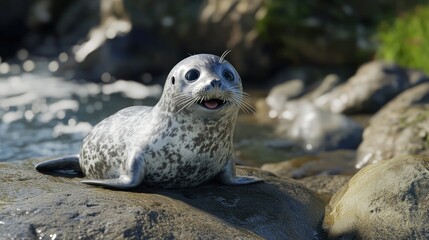 Naklejka premium Cute Seal Pup on Rocks by the Water