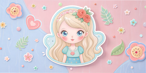 Romantic fashion girl decorative waterproof sticker featuring soft pastel colors and floral elements on a playful background