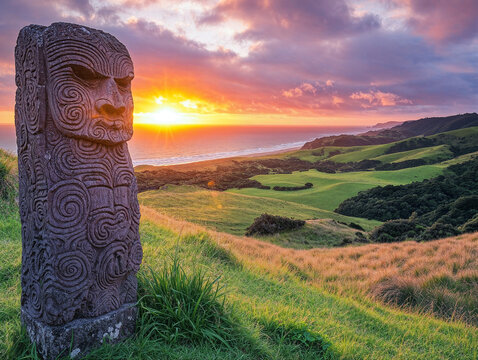 Maori Carving at Sunset Over Rolling Green Hills and Ocean