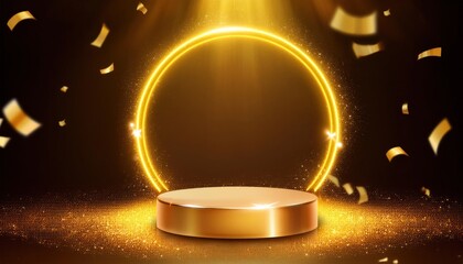 Obraz premium Product Presentation on Gold Podium with Yellow Neon Circle – Luxury Display
