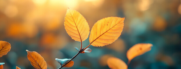 Obraz premium Golden autumn leaves backlit, forest bokeh