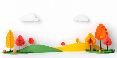 3d autumn fall landscape in paper cut craft style illustration isolated on white background. Beautiful Paper Art Yellow trees