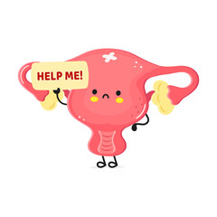 Cartoon uterus character holds a help sign expressing a need for assistance in a humorous way