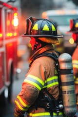 Obraz premium A firefighter stands next to a fire hydrant in front of a fire truck