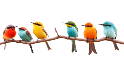 5 cute birds sitting on a single branch, transparent background PNG