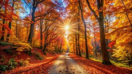 Fototapeta premium Golden Autumn Forest Landscape: Scenic Fall Foliage Pathway