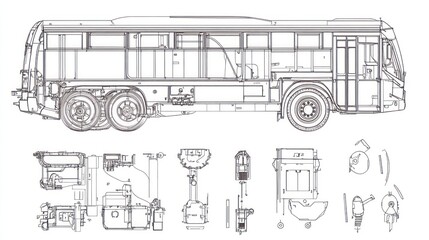Technical drawing of a bus with detailed components and layout.