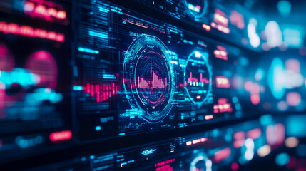 Fototapeta premium Futuristic Data Stream: Neon-lit Digital Interface with Dynamic Charts and Graphs