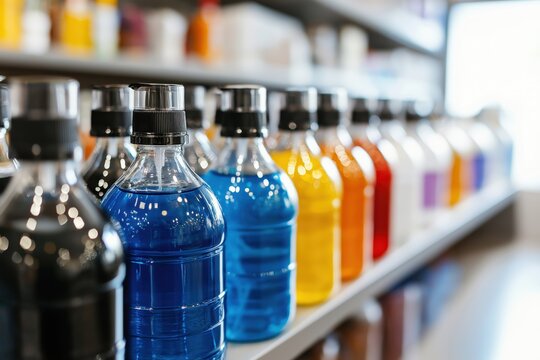 Multitude of plastic bleach bottles with faded colors displayed on shelves in a chaotic arrangement