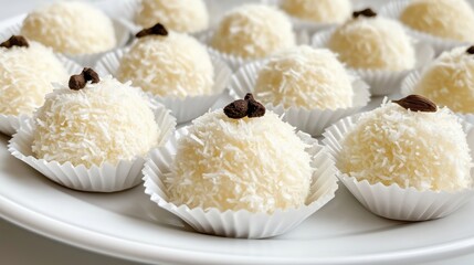 Traditional Brazilian beijinho candies, soft white coconut balls topped with a single clove, arranged on a white plate