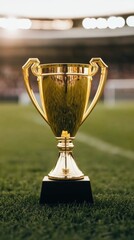 A gleaming gold trophy sits on a lush green sports field, symbolizing victory and achievement, with a blurred stadium background evoking a celebratory atmosphere.