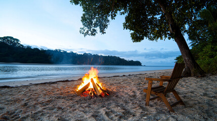 Evening beach bonfire by the calm river at dusk