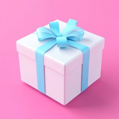 Obraz premium White gift box with blue ribbon, pink background, celebratory occasion