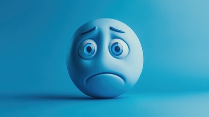 A blue egg with a sad face expression, isolated on a blue background