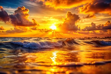 Fototapeta premium Golden Hour Sunset: Double Exposure of Ocean Waves and Sky