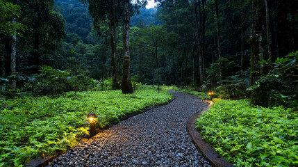 Obraz premium Scenic forest pathway illuminated by soft lights in the evening hours