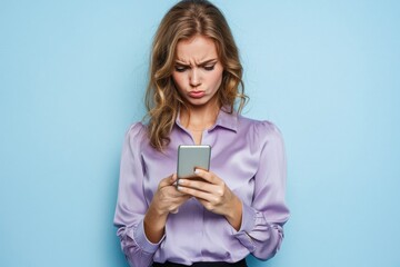 Fototapeta premium Photo of shiny attractive lady dressed purple blouse texting modern gadget showing empty space isolated blue color background.