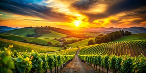 Fototapeta premium Golden Hour Vineyard Sunset: Tilt-Shift Miniature Landscape Photography