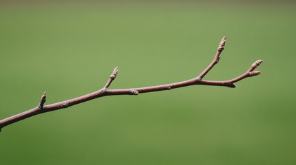 Close-up of a bare tree branch with budding leaves against a blurred green background