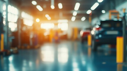 Fototapeta premium Blurred background of a busy auto repair workshop: soft focus mechanic service center image