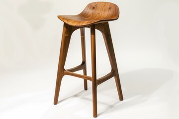 Modern wooden bar stool standing on a white background, showcasing its elegant and minimalist design